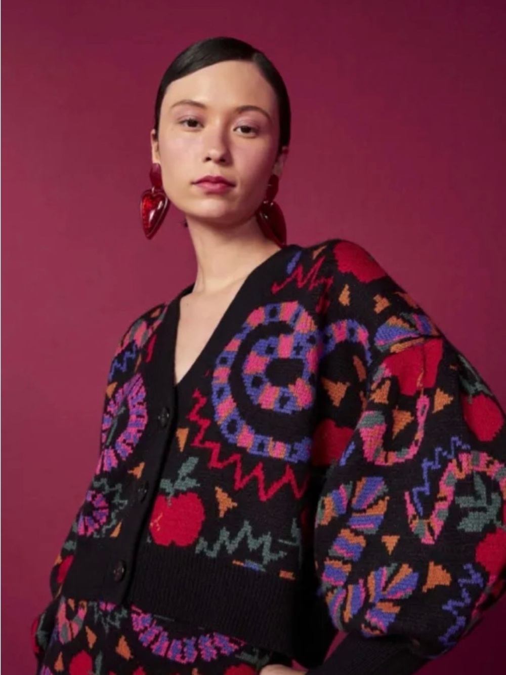 FARM Rio Black Multicolor Graphic V-Neck Cardigan